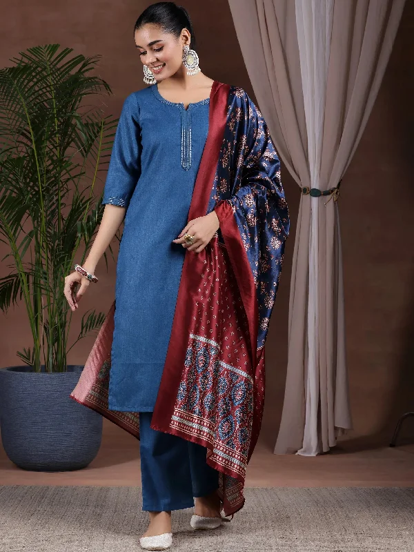 Teal Solid Cotton Blend Straight Suit With Dupatta