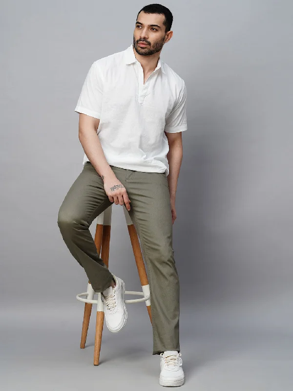 Men's Formal Trousers for BusinessMen's Olive Cotton Lycra Slim Fit Pant