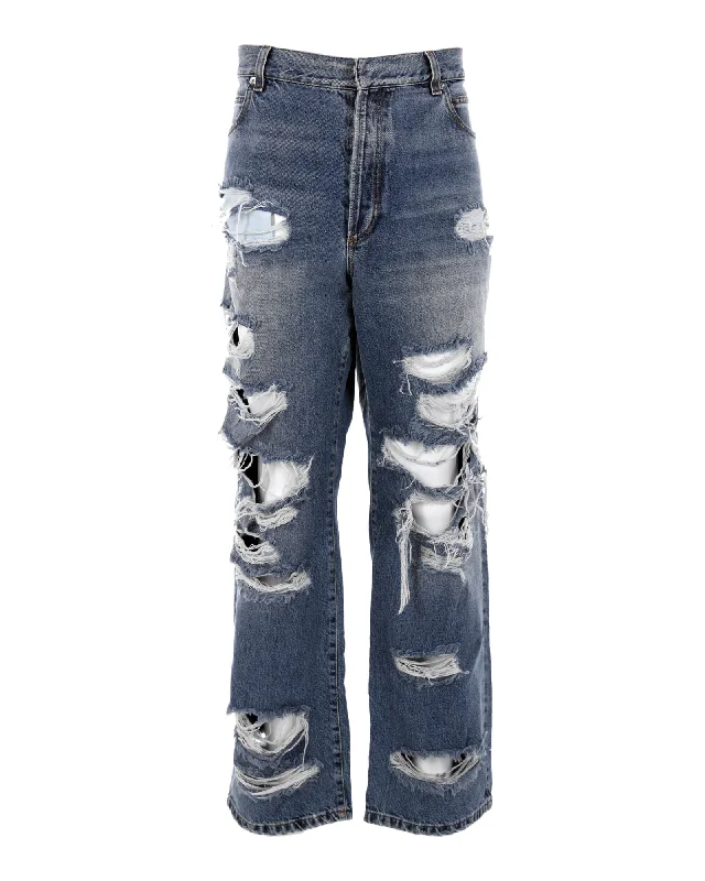 Men's Jeans with RipsBalmain Distressed Jeans in Blue Cotton Denim