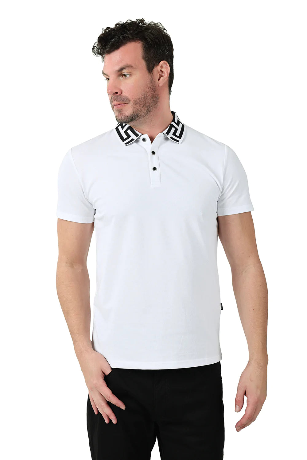 Men's Dressy Shirts for Formal EventsBarabas Men's White solid color Polo Greek Key Collar Short sleeve Men's Dressy Shirts for Formal EventsBarabas Men's White solid color Polo Greek Key Collar Short sleeve