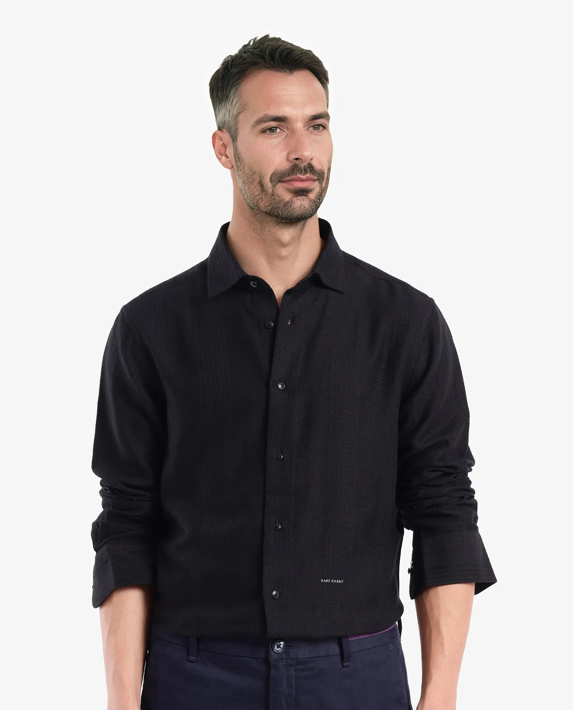 Men's Muscle Fit T-Shirts for a Body-Hugging FitRare Rabbit Men Aube Black Cotton Fabric Full Sleeve Slim Fit Plain Shirt Men's Muscle Fit T-Shirts for a Body-Hugging FitRare Rabbit Men Aube Black Cotton Fabric Full Sleeve Slim Fit Plain Shirt
