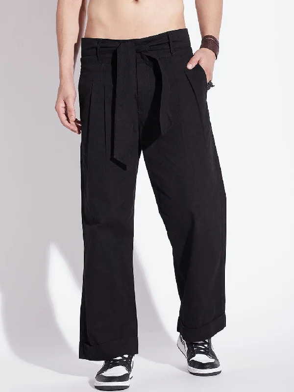 Comfortable Men's JoggersBlack Twill Korean Baggy Pants