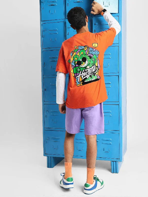 Casual Men's T-ShirtsHustle Orange Oversized Back Graphic Printed Boys T-shirt