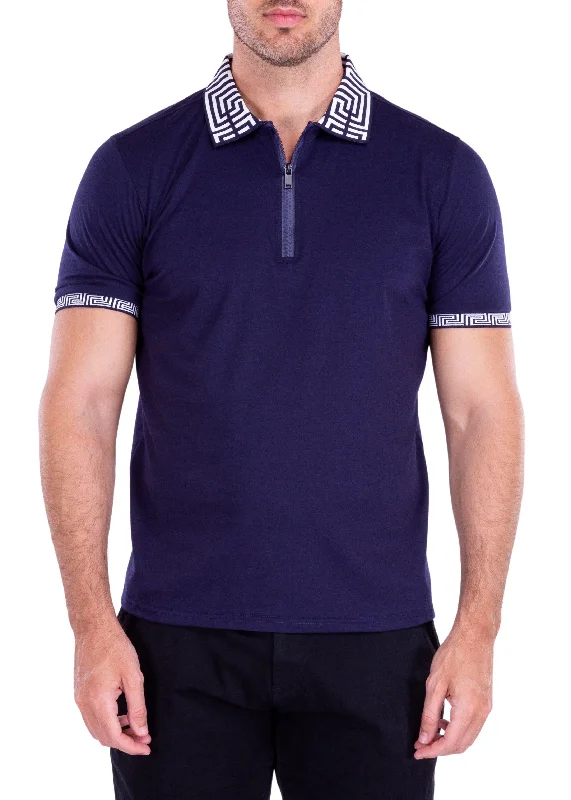 Men's Shirts with Lace-Up HemlinesGreek Key Trim Zipper Polo Shirt Solid Navy