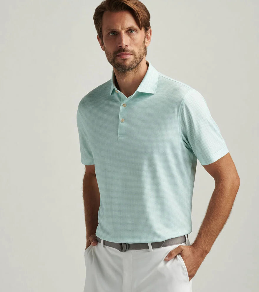 Men's Shirts with Button-Down CollarsPeter Millar Men's Orbit Performance Jersey Polo Shirt - White/Pear Tart Men's Shirts with Button-Down CollarsPeter Millar Men's Orbit Performance Jersey Polo Shirt - White/Pear Tart
