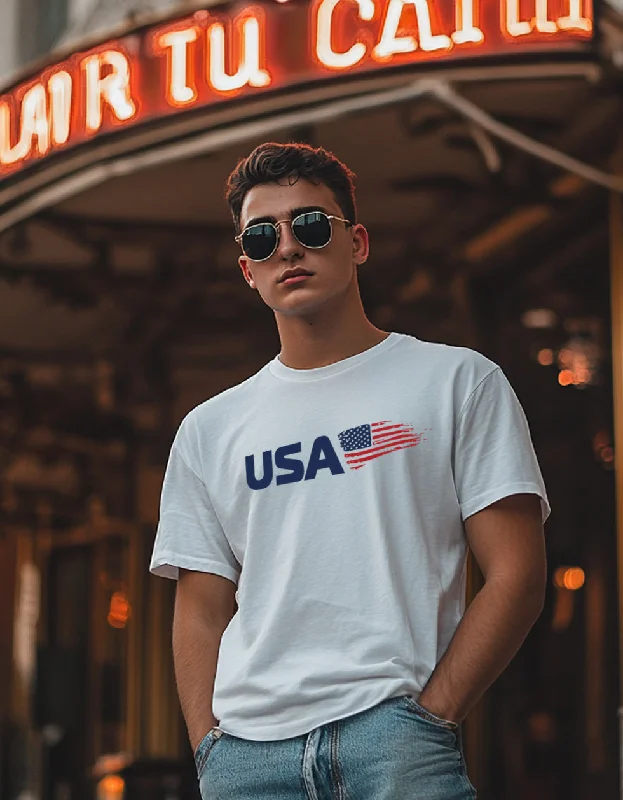 Men's Shirts with Belt AttachmentsUSA White Regular Fit Printed T-shirt