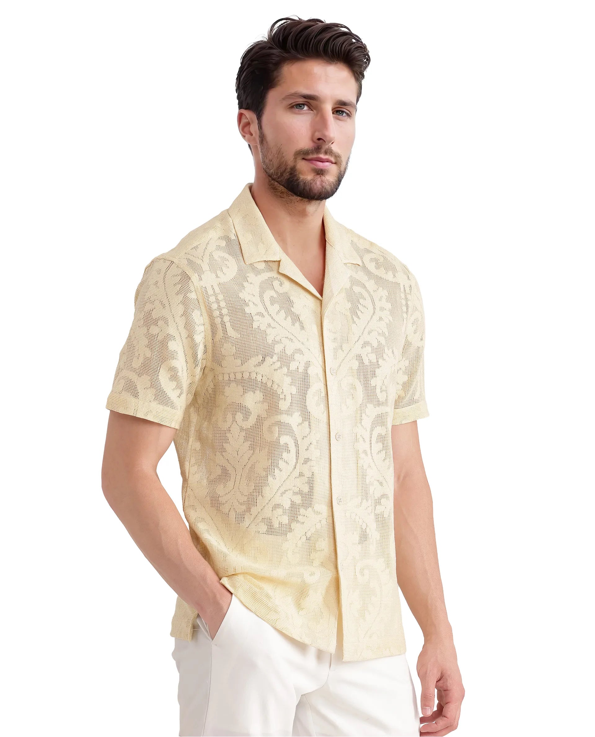 Men's Big and Tall Shirts for Added ComfortRare Rabbit Men's Kiv Light Yellow Cotton Fabric Short Sleeve Cuban Collared Knitted Floral Sheer Shirt Men's Big and Tall Shirts for Added ComfortRare Rabbit Men's Kiv Light Yellow Cotton Fabric Short Sleeve Cuban Collared Knitted Floral Sheer Shirt