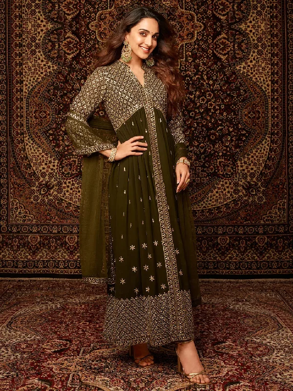 Libas Art Chandni Olive Embroidered Georgette A-Line Kurta With Trousers & Dupatta