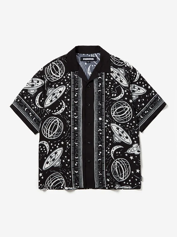 Men's Solid-Color Button-Down Shirts for VersatilityNeighborhood Cosmic Hawaiian Short Sleeve Shirt - Black/White