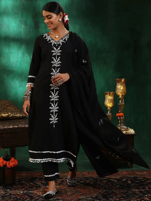 Black Embroidered Cotton Straight Suit With Dupatta