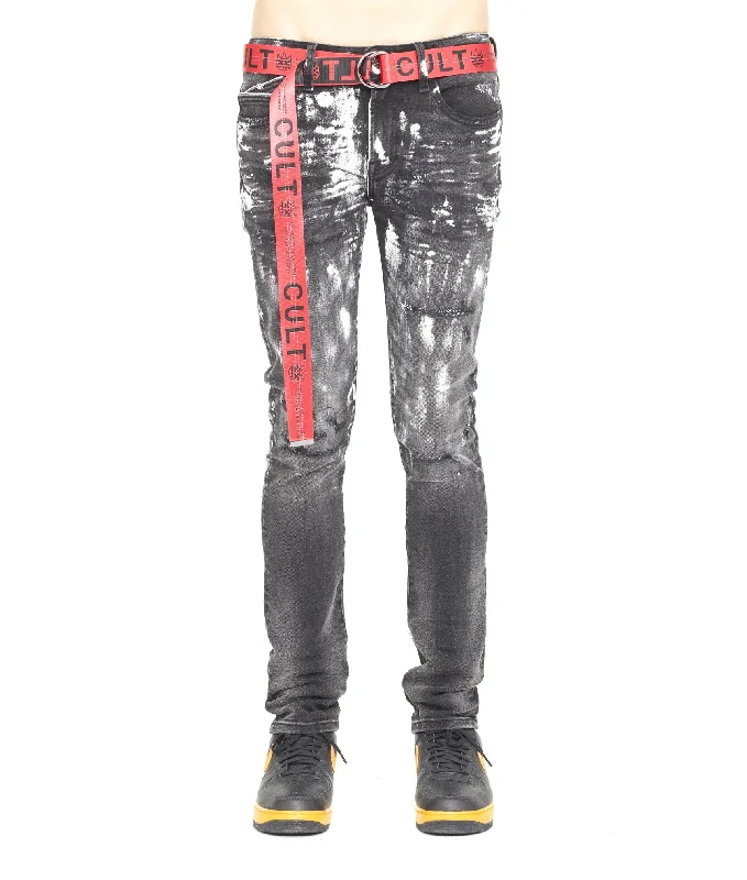 Leather Patch Embellished Men's JeansPUNK SUPER SKINNY BELTED IN PAIN