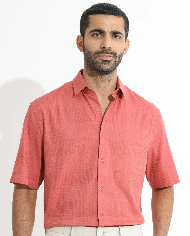 Men's Sleeveless Shirts for Summer ComfortRare Rabbit Men's Pied Rust Cotton Lyocell Fabric Half Sleeves Gingham Checks Shirt