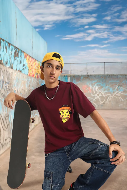 Men's Shirts with Elastic WaistbandsPizza Maroon Oversized Graphic Pocket Printed Boys T-shirt Men's Shirts with Elastic WaistbandsPizza Maroon Oversized Graphic Pocket Printed Boys T-shirt