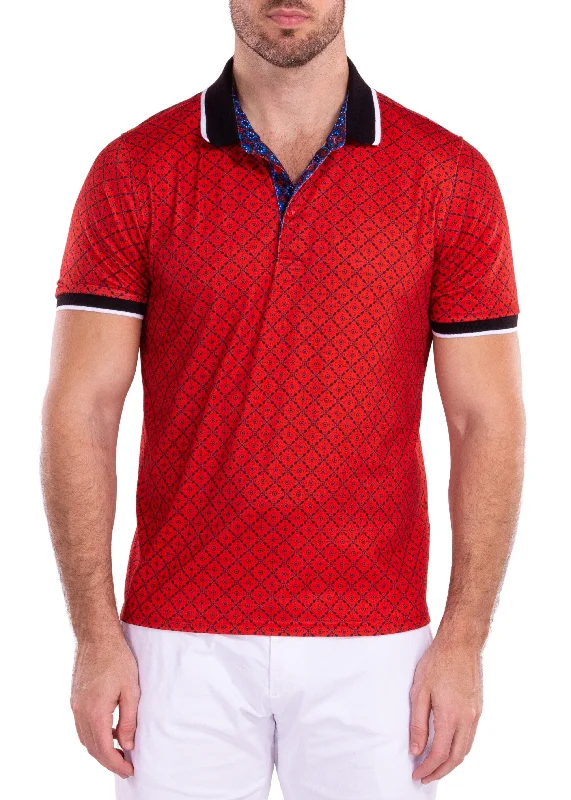 Warm Men's Fleece-Lined TopsGeometric Kaleidoscope Contrast Red Printed Polo Shirt
