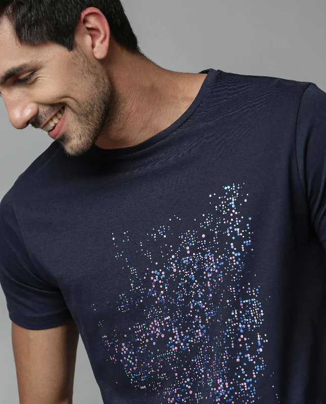 Men's Logo T-Shirts for Brand RepresentationRare Rabbit Men's Matrix-2 Navy Crew Neck Placement Geo Dot Half Sleeves Slim Fit Shirt Men's Logo T-Shirts for Brand RepresentationRare Rabbit Men's Matrix-2 Navy Crew Neck Placement Geo Dot Half Sleeves Slim Fit Shirt