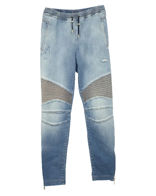 Men's Jeans with PocketsBalmain Stonewashed Biker Jeans in Light Blue Cotton