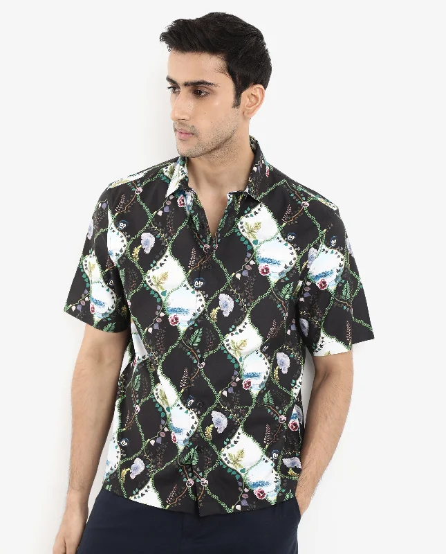 Classic Men's Dress ShirtsRare Rabbit Men's Pran Black Viscose Fabric Short Sleeve Regular Fit Botanical Print Shirt Classic Men's Dress ShirtsRare Rabbit Men's Pran Black Viscose Fabric Short Sleeve Regular Fit Botanical Print Shirt