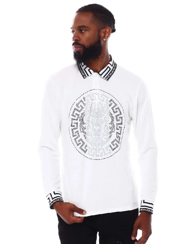 Men's Shirts with High NecksMen's white long sleeve polo silver stones print design on Collar Men's Shirts with High NecksMen's white long sleeve polo silver stones print design on Collar
