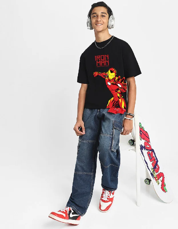 Men's Shirts with Pocket SquaresIronman Black Oversized Graphic Front Printed Boys T-shirt Men's Shirts with Pocket SquaresIronman Black Oversized Graphic Front Printed Boys T-shirt