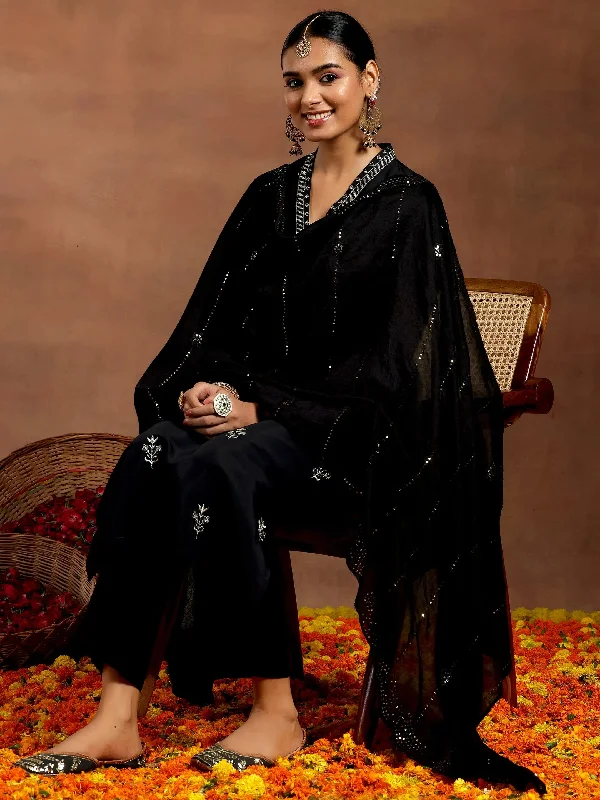 Black Embroidered Silk Blend Straight Suit With Dupatta
