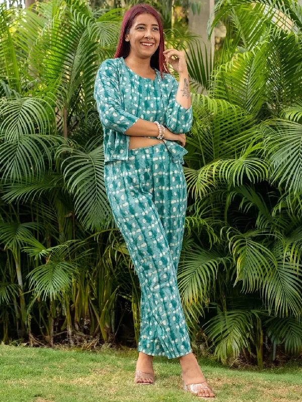 Teal Printed Rayon 3 Piece Co-Ords