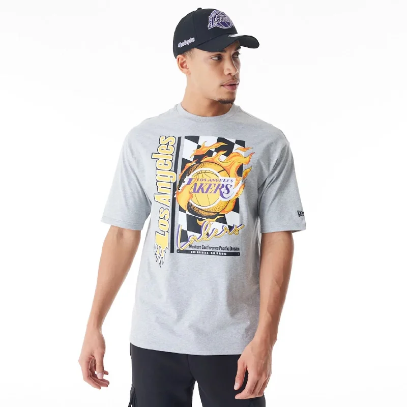 Warm Men's Fleece-Lined TopsLA Lakers NBA Flame Print Grey Oversized T-Shirt