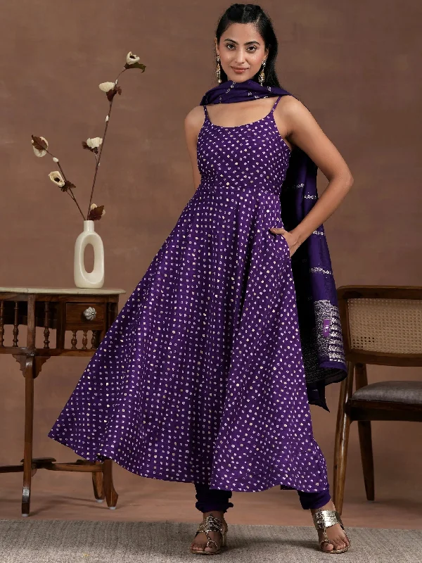 Purple Printed Silk Blend Anarkali Suit With Dupatta