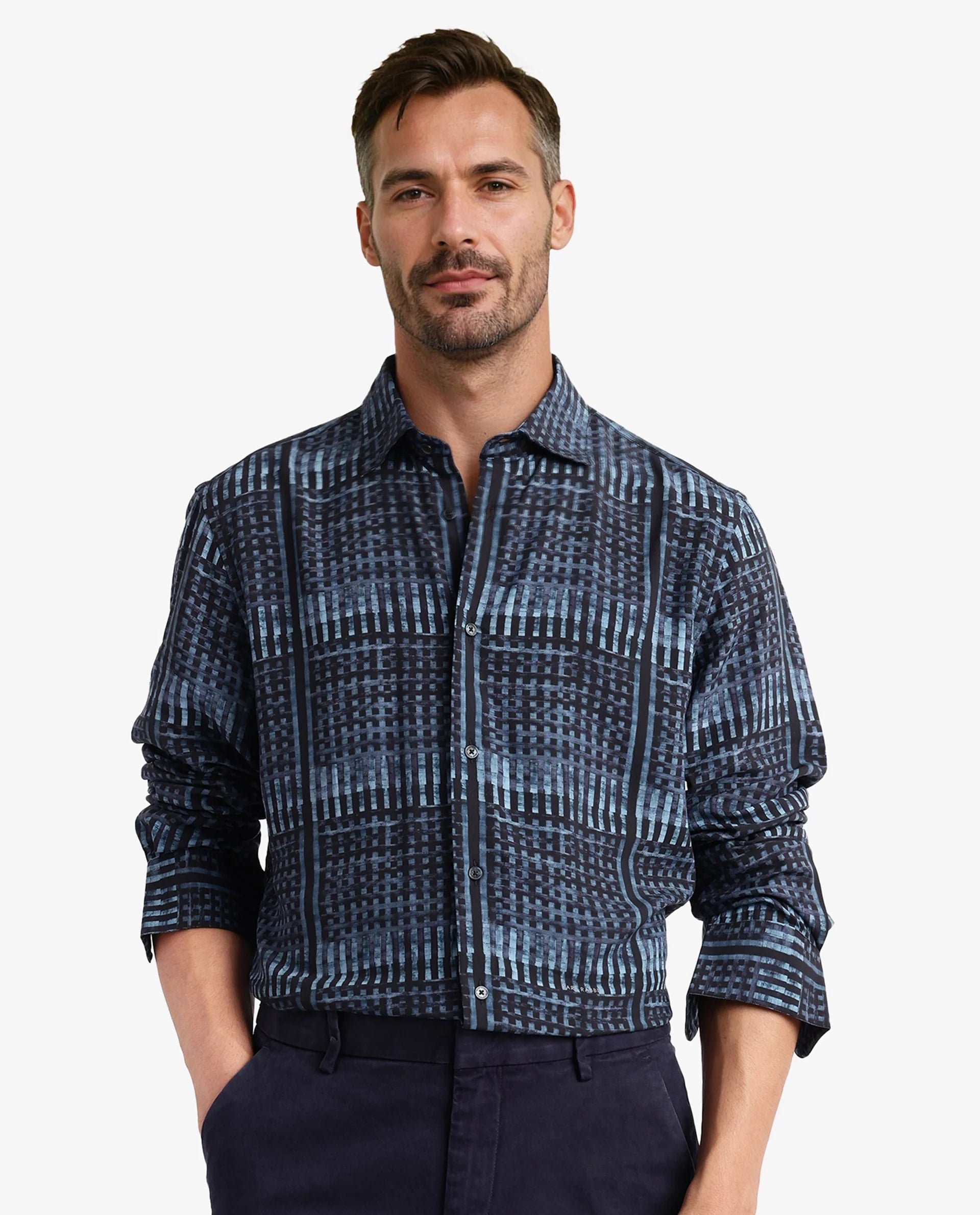 Men's Skinny-Fit Shirts for a Trendy LookRare Rabbit Men Ryba Blue Full Sleeve Collared Neck Button Closure Geometric Print Shirt
