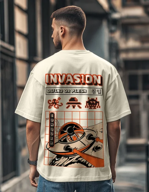 Men's Shirts with Zippered PocketsInvasion Swanwhite Oversized Graphic Printed T-shirt Men's Shirts with Zippered PocketsInvasion Swanwhite Oversized Graphic Printed T-shirt