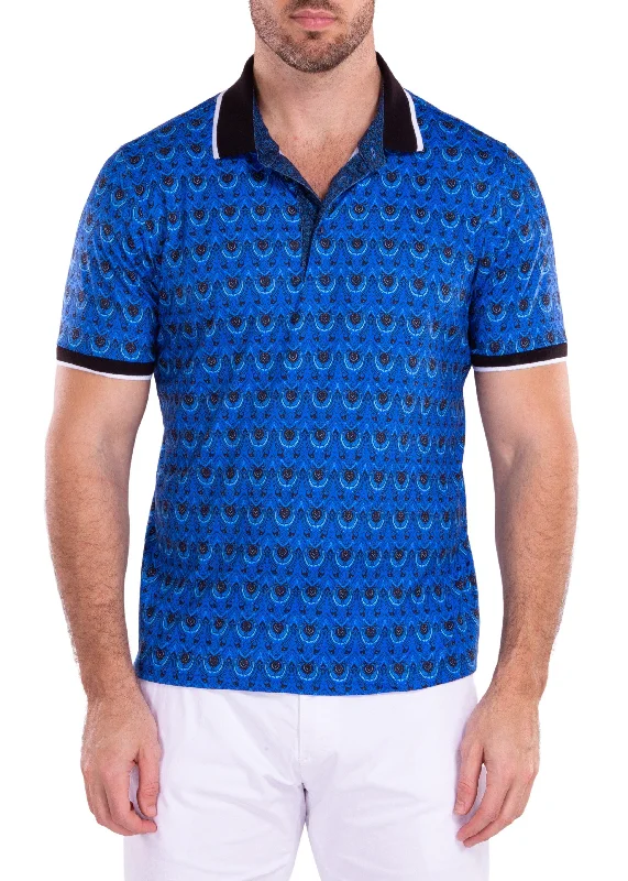 Men's Shirts with Abstract DesignsMoroccan Paisley Pattern Printed Polo Shirt Blue