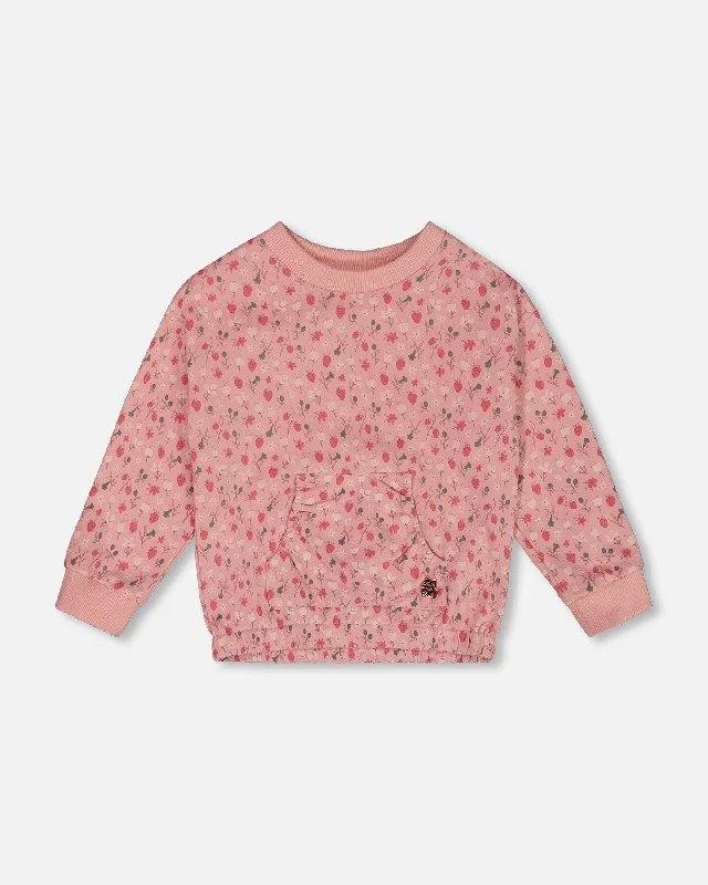 Printed French Terry Sweatshirt Old Pink And Flowers