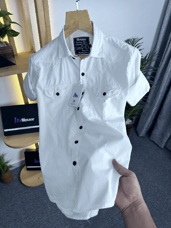 Men's Machine-Washable Shirts for ConvenienceDouble Pocket Denim Shirt White