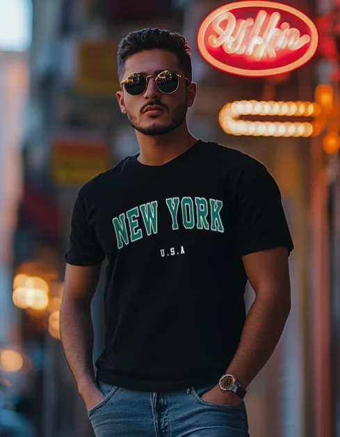 Men's Shirts with Velcro ClosuresNew York Black Regular Fit Printed T-shirt
