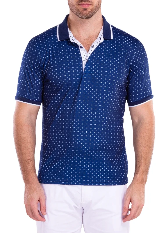 Men's Shirts for HuntingGeometric Mini Diamond Pattern Printed Polo Shirt Navy