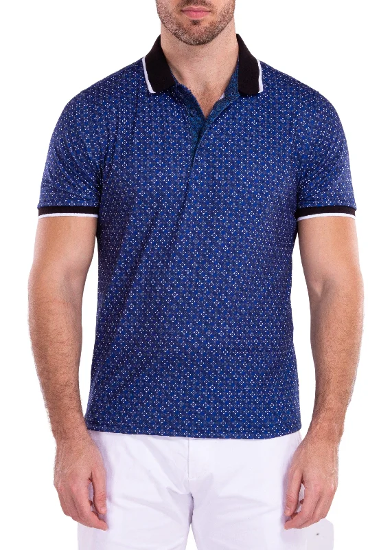 Men's Unique and Designer TopsGeometric Detail Pattern Printed Polo Shirt Navy