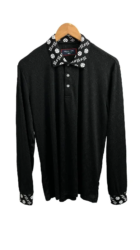 Men's Shirts with Adjustable HemlinesMen's Black long sleeve polo Fashion Design White Printed Collar Men's Shirts with Adjustable HemlinesMen's Black long sleeve polo Fashion Design White Printed Collar