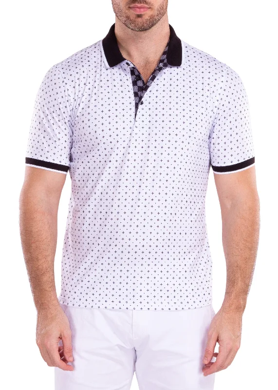 Men's Shirts for Beach OutingsGeometric Mini Diamond Pattern Printed Polo Shirt White Men's Shirts for Beach OutingsGeometric Mini Diamond Pattern Printed Polo Shirt White