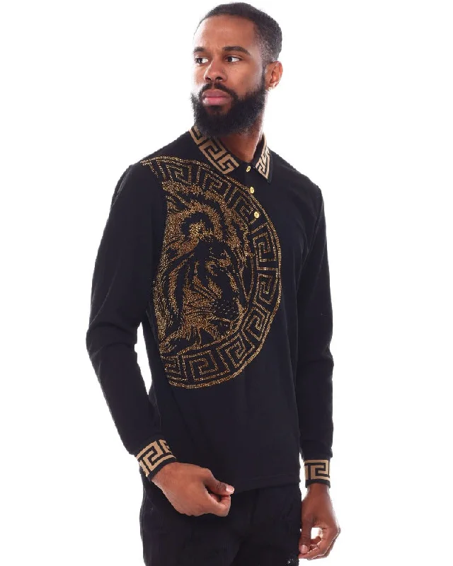 Men's Shirts with Pleated HemlinesBlack Men's Long Sleeve Polo Shirt Fashion Design