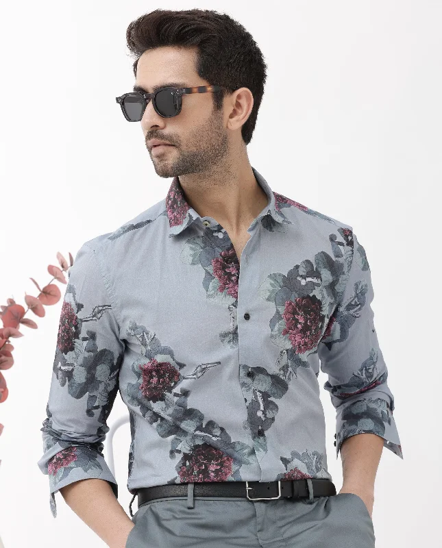 Men's Solid-Color Button-Down Shirts for VersatilityRare Rabbit Mens Velem Grey Viscose Fabric Full Sleeve Regular Fit Floral Print Shirt