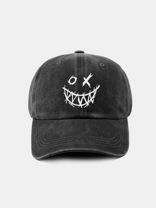 Attractive Bucket HatsEvil Smiley Face Pattern Classic Retro Washed Distressed Cotton Baseball Cap