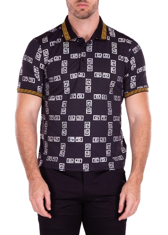 Men's Shirts with Antimicrobial TreatmentAztec Spiral Detail Black Metallic Polo Shirt Men's Shirts with Antimicrobial TreatmentAztec Spiral Detail Black Metallic Polo Shirt