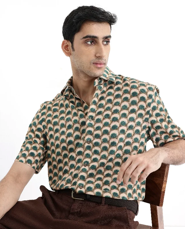 Men's Collared Shirts for Formal OccasionsRare Rabbit Men's Tokai Olive Viscose Fabric Short Sleeves Regular Fit Geometric Print Shirt Men's Collared Shirts for Formal OccasionsRare Rabbit Men's Tokai Olive Viscose Fabric Short Sleeves Regular Fit Geometric Print Shirt