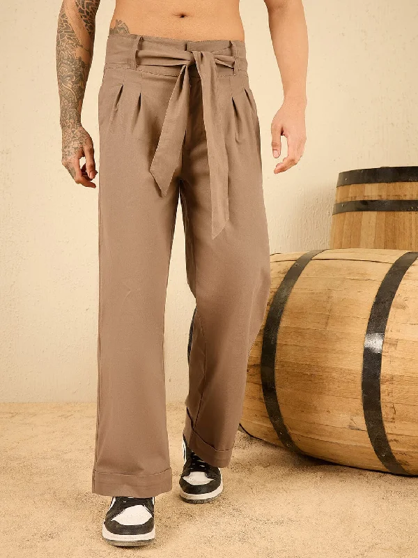 Men's Pants with Welt PocketsTan Twill Korean Baggy Pants