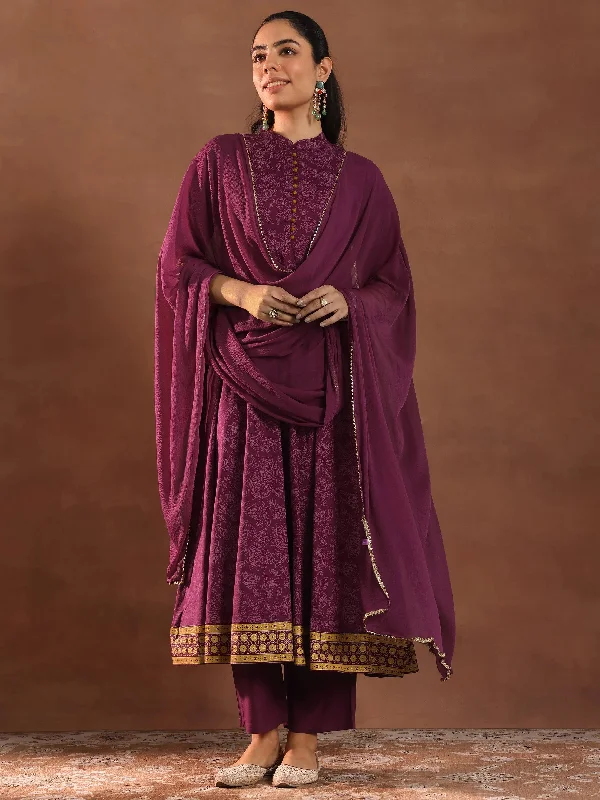 Burgundy Printed Rayon Anarkali Suit With Dupatta