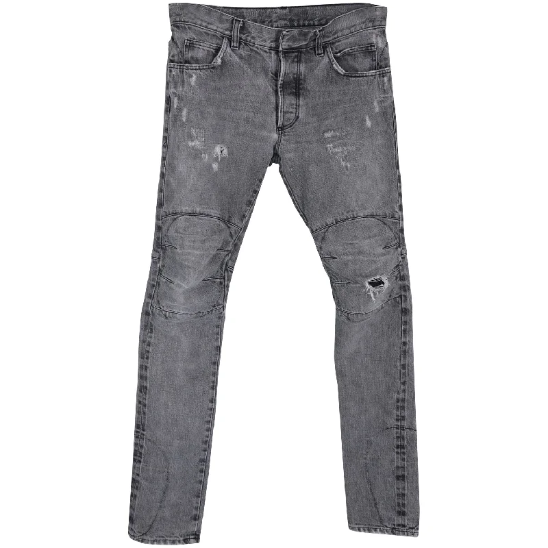 Men's Jeans with EmbroideryBalmain Distressed Biker Jeans in Grey Cotton Denim