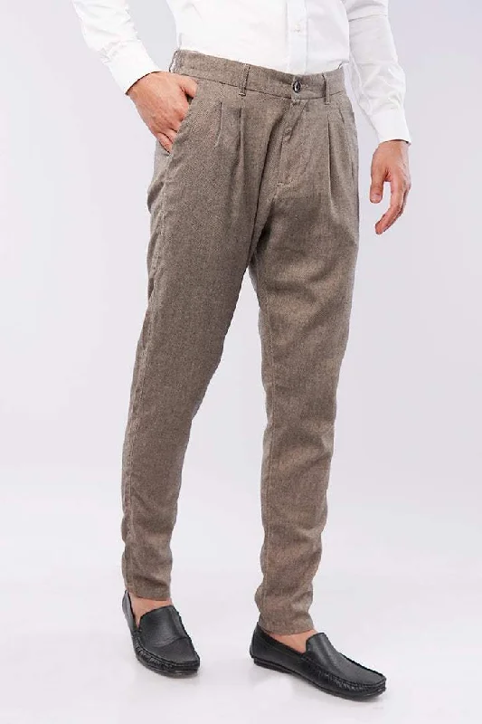 Men's Pants with Antimicrobial TreatmentHerringbone Pleated Pants - Brown