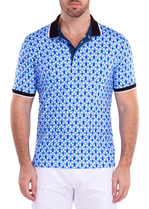 Men's Shirts with Single-Breasted DesignsAbstract Cube Pattern Printed Polo Shirt Blue Men's Shirts with Single-Breasted DesignsAbstract Cube Pattern Printed Polo Shirt Blue
