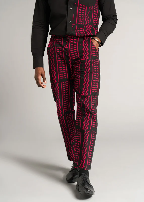 Men's Pants with Elastic CuffsTendai Men's African Print Trousers (Black Magenta Tribal) - Clearance