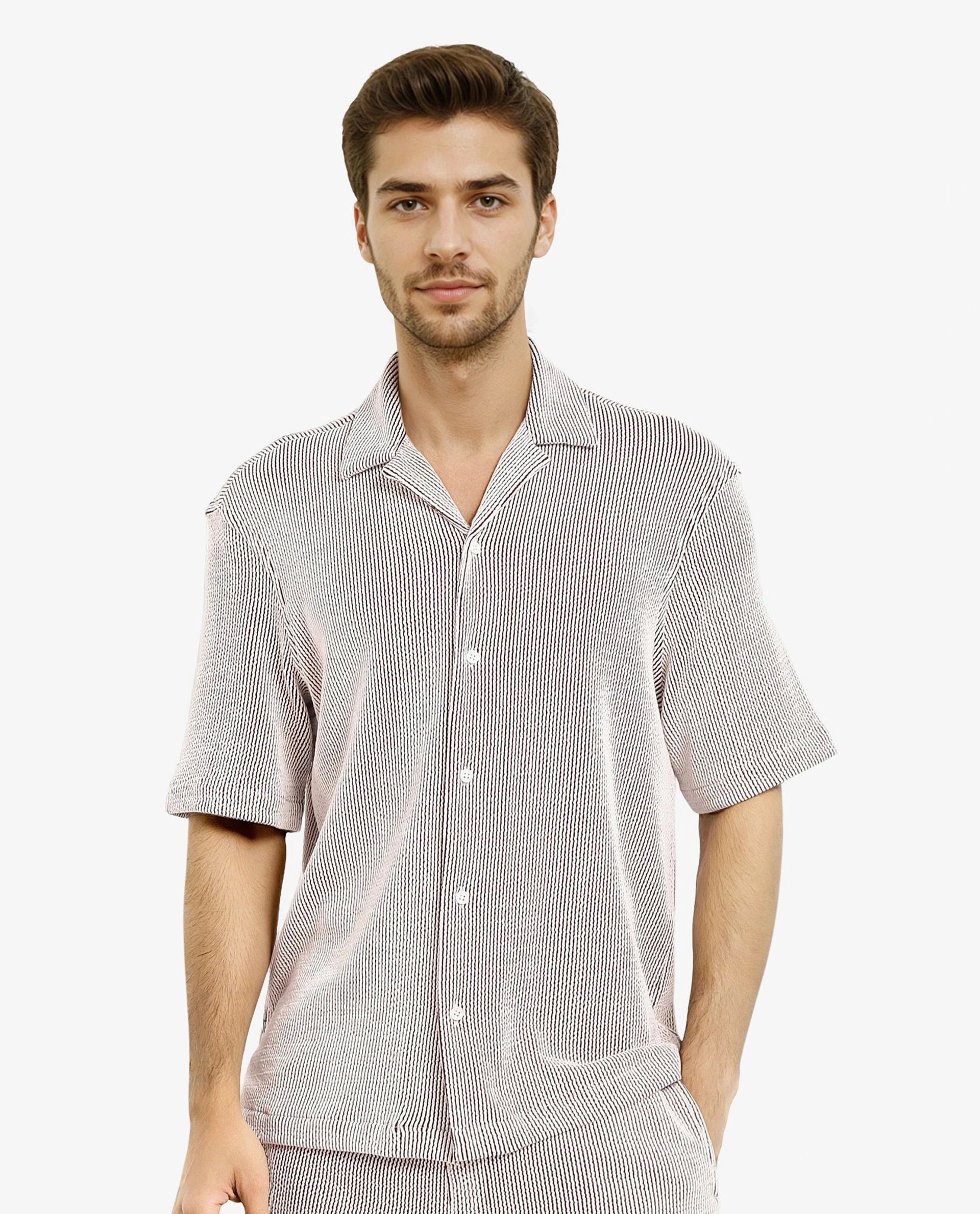 Men's Patterned Dress Casual Shirts for Smart-Casual EventsRare Rabbit Men's Zavet-S Maroon Cotton Polyester Fabric Short Sleeves Cuban Collar Boxy Fit Self Stripe Textured Shirt Men's Patterned Dress Casual Shirts for Smart-Casual EventsRare Rabbit Men's Zavet-S Maroon Cotton Polyester Fabric Short Sleeves Cuban Collar Boxy Fit Self Stripe Textured Shirt