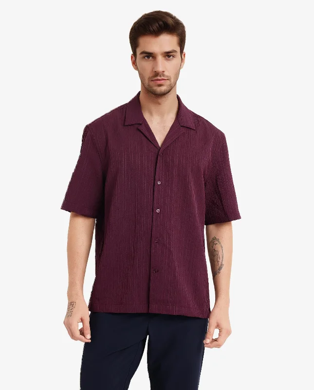 Men's Breathable Shirts for Warm ClimatesRare Rabbit Men's Mirtilo Maroon Polyester Fabric Short Sleeve Cuban Collar Self Stripe Textured Shirt Men's Breathable Shirts for Warm ClimatesRare Rabbit Men's Mirtilo Maroon Polyester Fabric Short Sleeve Cuban Collar Self Stripe Textured Shirt